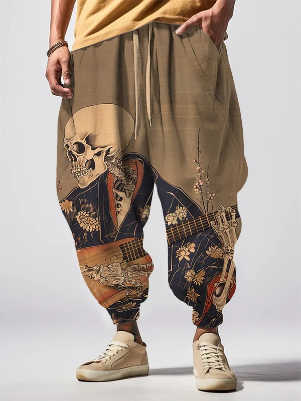 Men's Retro Japanese Art Painting Of Skull Playing Guitar Print Sweatpants