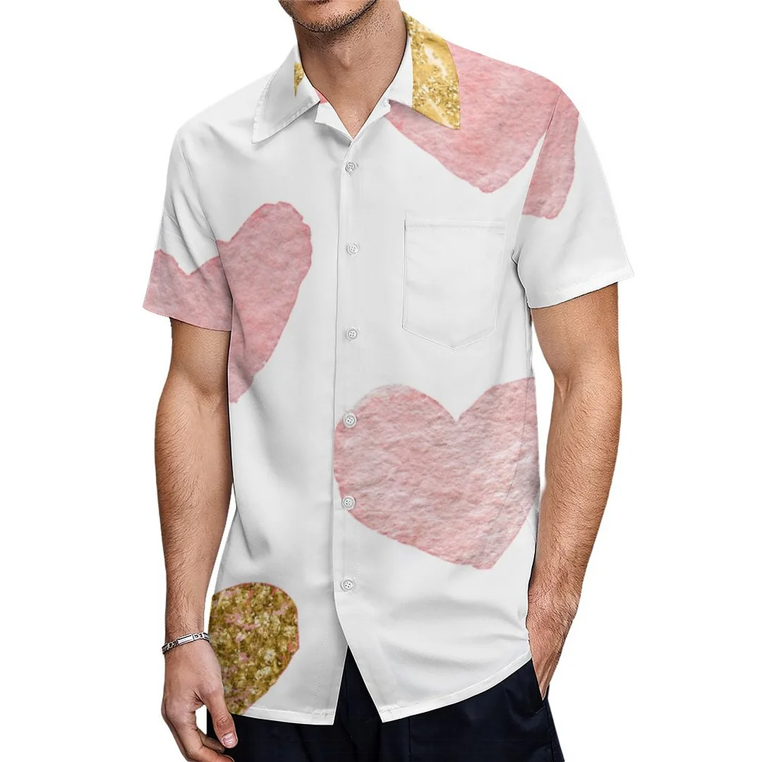 Kawaii Golden Pink Lavender Girly Hearts Hawaiian Shirt Mens Button Down Plus Size Tropical Hawaii Beach Shirts