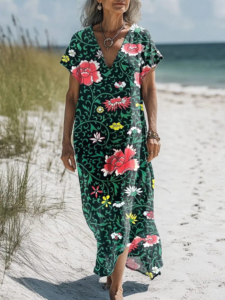 Women's  Floral  Art Print Pocket Cotton Dress