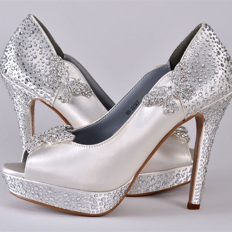 White Satin Bridal Heels Peep Toe Rhinestone Platform Wedding Shoes |FSJ Shoes
