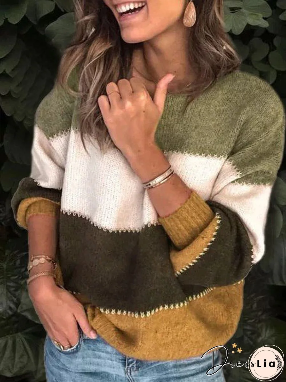 Women Plus Size Stripe Long Sleeve Casual Knit Pullover Sweater