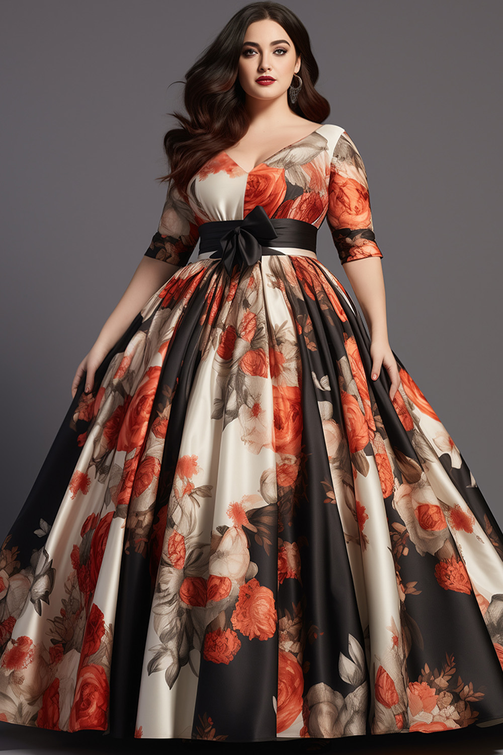Flycurvy Plus Size Halloween Orange And White Satin Floral Print Half Sleeve Lace-Up Maxi Dress 2024 - Flycurvy 