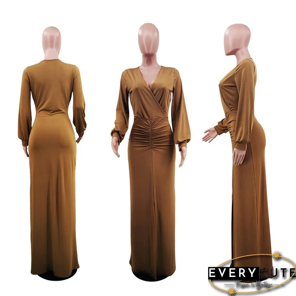 CM.YAYA Women Long Dress Solid Full Sleeve V-neck Strechy Maxi Floor Length Dresses Fashion Vintage Party Vestidos Summer Outfit