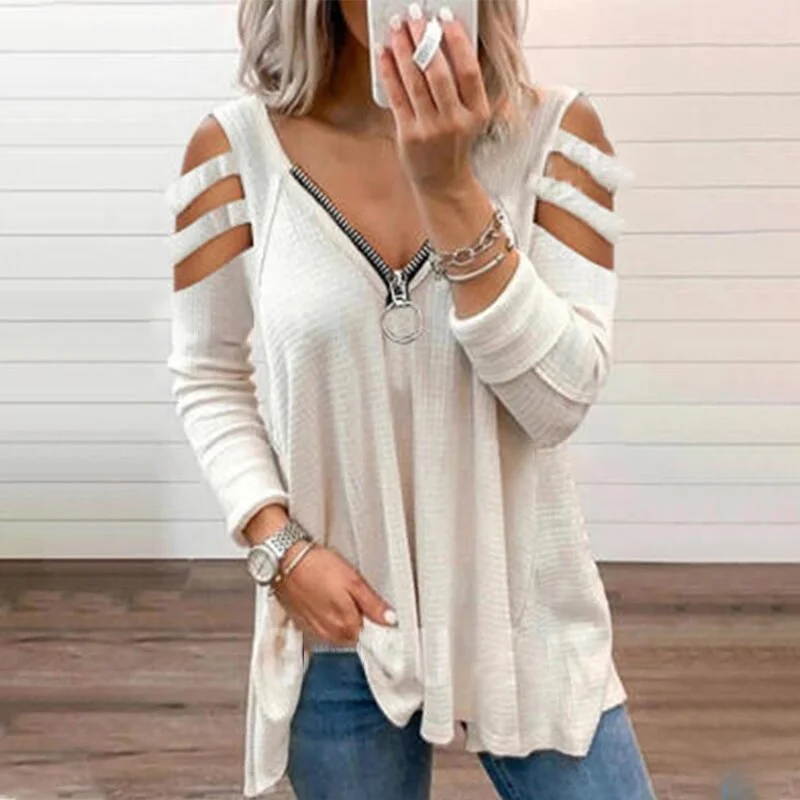 2021 Spring Off Shoulder Hollow Out Striped Solid Women Blouse V-neck Zipper Patchwork Pleated Loose Female Blouses Casual New