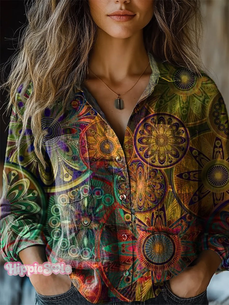Women’s Retro Ethnic Totem Pattern Print Casual Long Sleeve Comfortable Cotton Shirt Multicolor / S