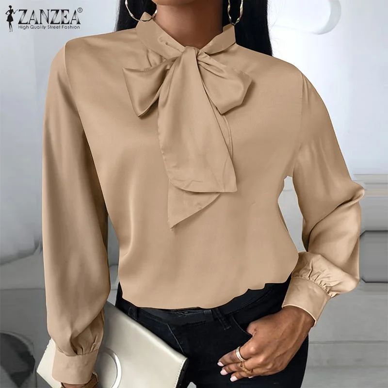 ZANZEA Vintage Women Office Blouse Autumn Casual Solid Work Blusas Female Fashion Satin Tops Oversized Long Sleeve Bow Tie Shirt