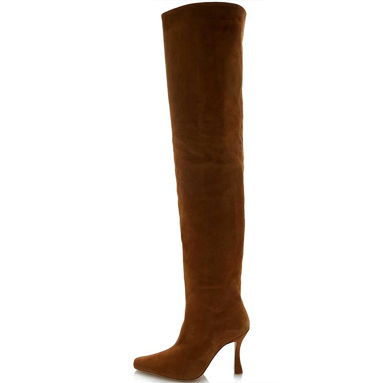 Vegan Suede Flared Heel Shoes Classic Thigh High Boots in Brown |FSJ Shoes