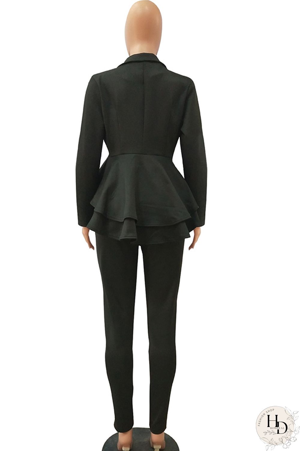 Black Casual Two Piece Suits Patchwork ruffle Solid pencil Long Sleeve