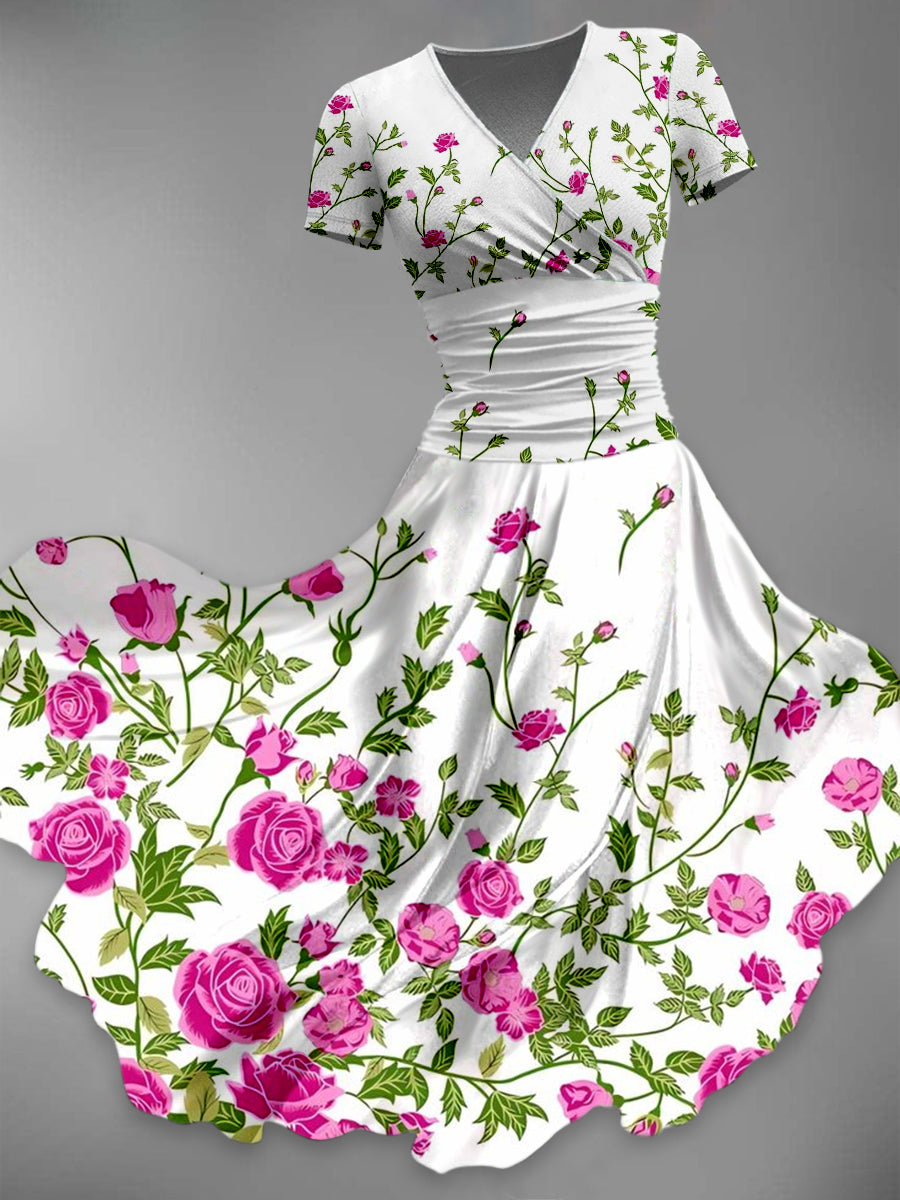 Retro Floral Art Print V-Neck Short Sleeve Midi Dress