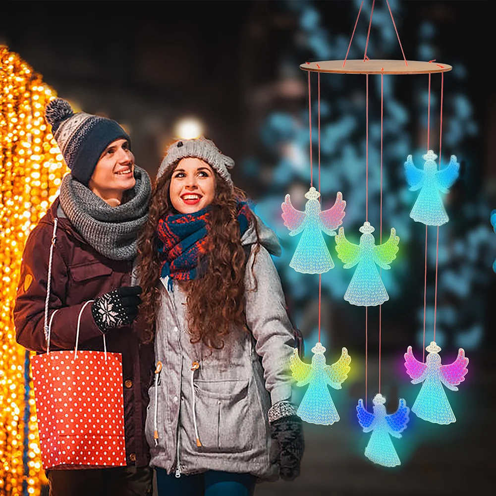 DIY Luminous Angel Double Sided Diamond Painting Hanging Pendant Feather Wind Chime