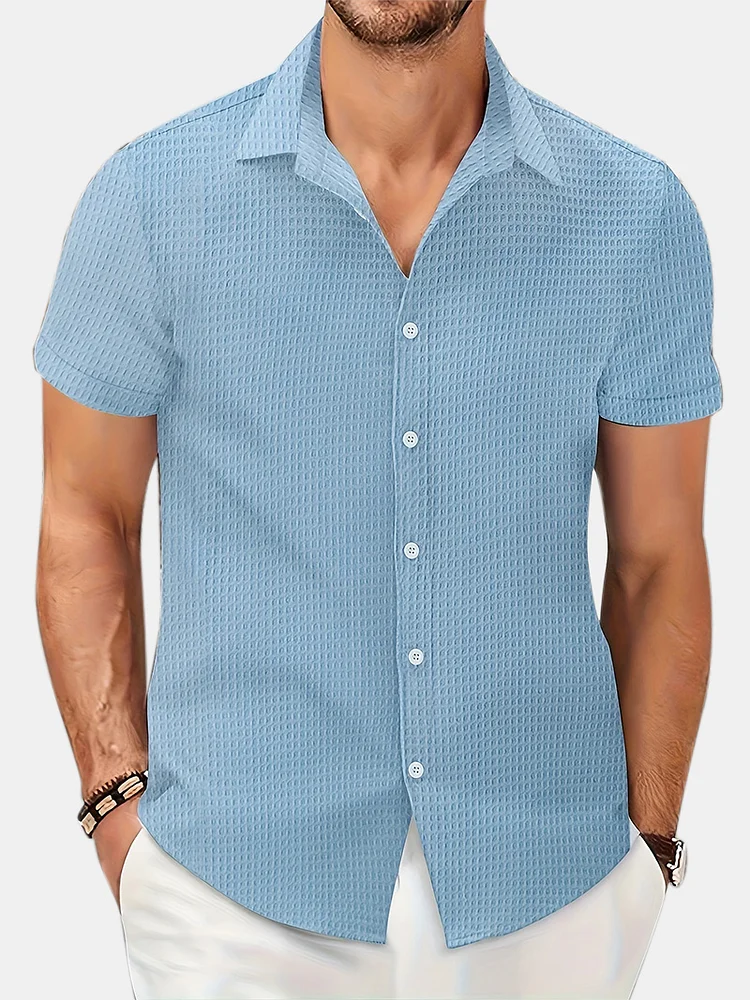 Men's Summer Solid Color Simple Waffle Comfort Short Sleeve Shirt