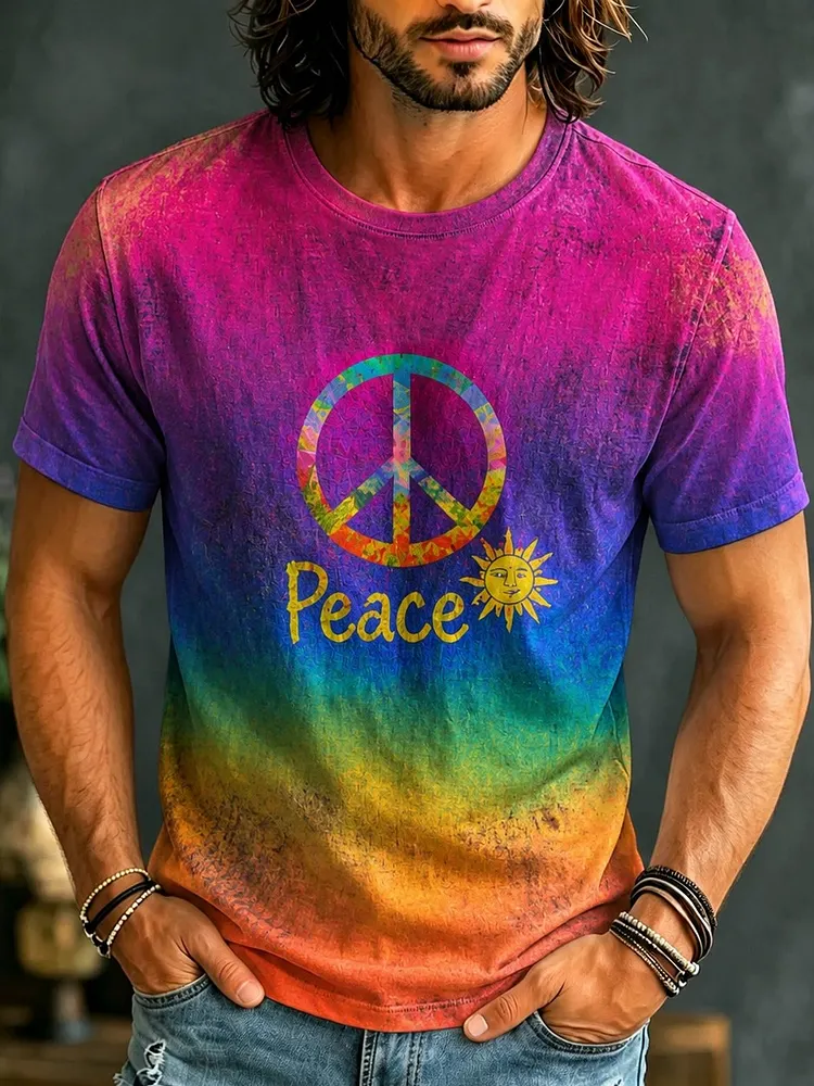 Men's Retro Hippie Style Peace Sign Print T-shirt
