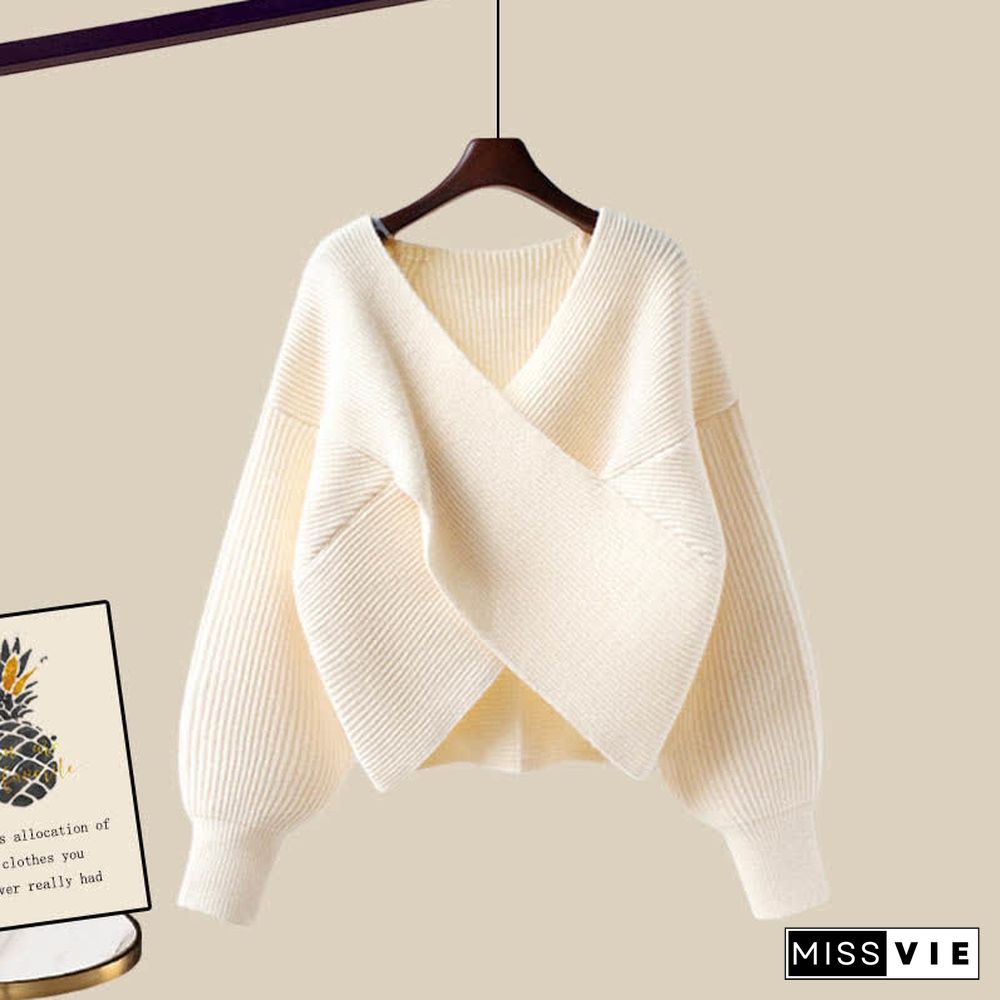 Pure Color Cross Knit Sweater Dress Two Pieces Set