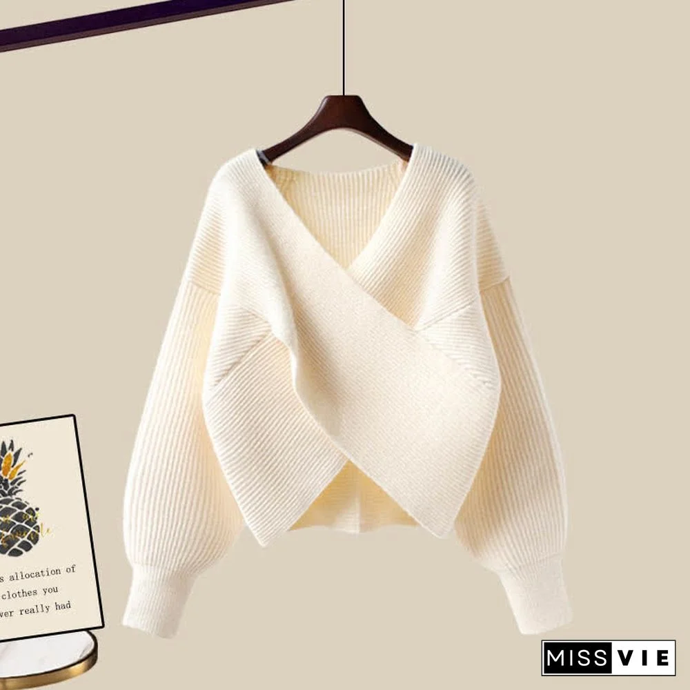 Pure Color Cross Knit Sweater Dress Two Pieces Set