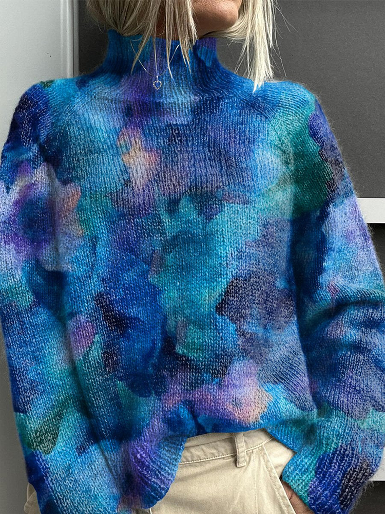 Comstylish Abstract Watercolor Floral Print Knitted Turtleneck Sweater
