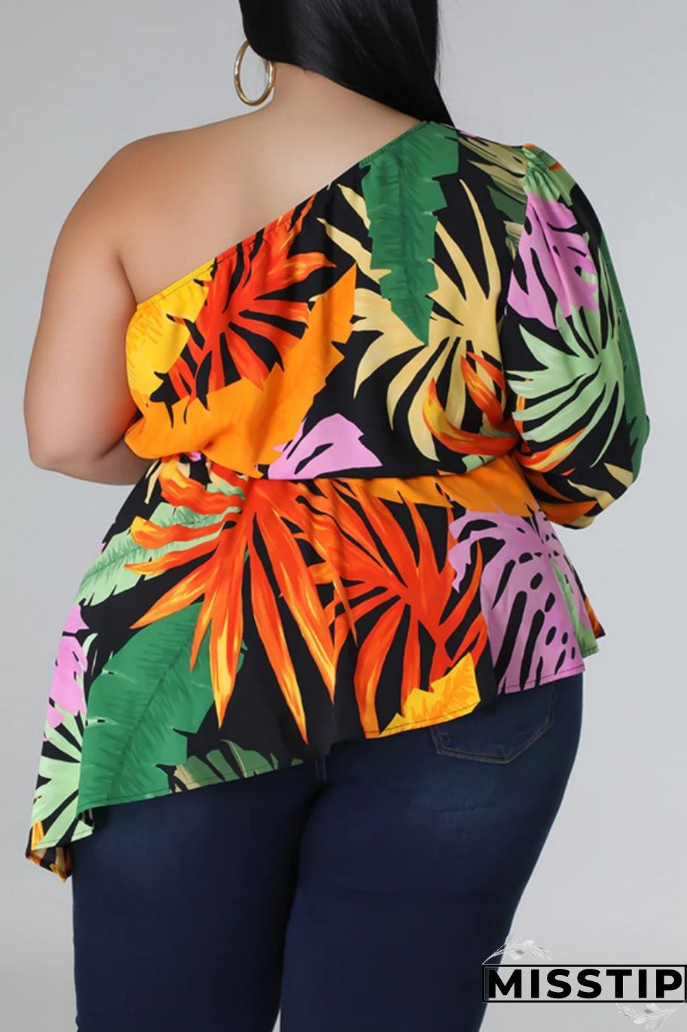 Black Yellow Casual Print Backless Oblique Collar Plus Size Tops