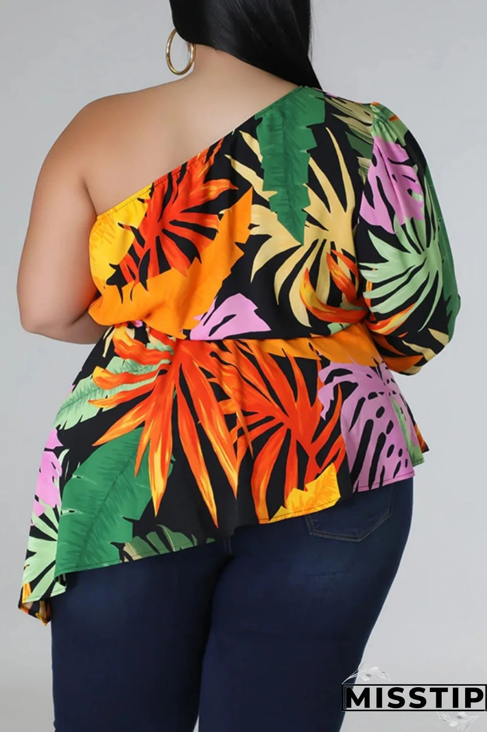 Black Yellow Casual Print Backless Oblique Collar Plus Size Tops