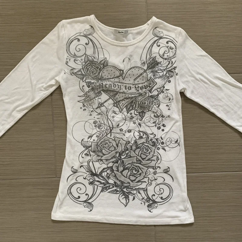 Xingqing Fairycore Top White Cartoon Y2k Aesthetic T Shirt Long Sleeve O Neck Pullovers Wome Autumn Harajuku Tee Casual Basic