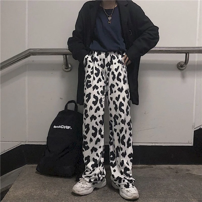 NiceMix high waist pants women cow print sweatpants womans wide leg straight plus size casual streetwear trousers Ankle-Length