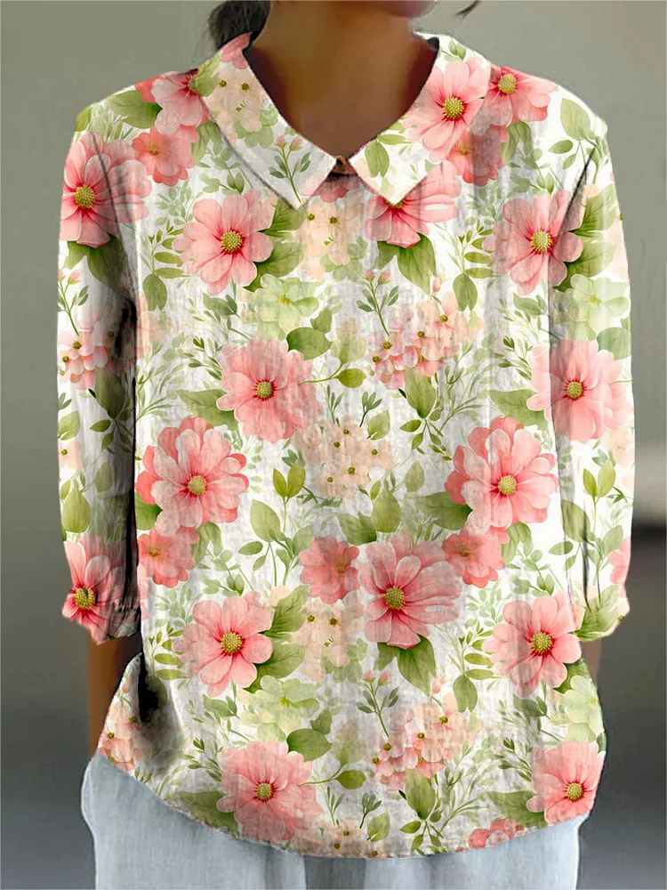 Women's Lovely Floral Art Print Casual Cotton And Linen 3/4 Sleeve Shirt
