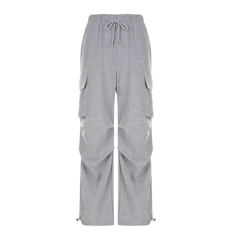 OLCooL Vintage Grey Pockets Cargo Pants Women Baggy Sporty Streetwear Joggers Korean Casual Trousers Harajuku Folds Sweatpants olcool