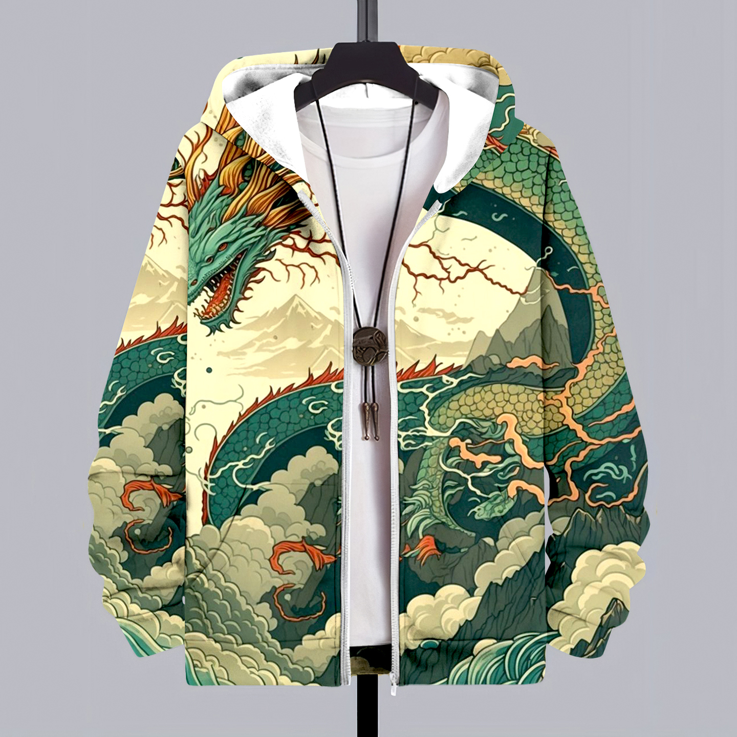 Japanese Art Dragon Print Casual Zip Hoodie  artssus