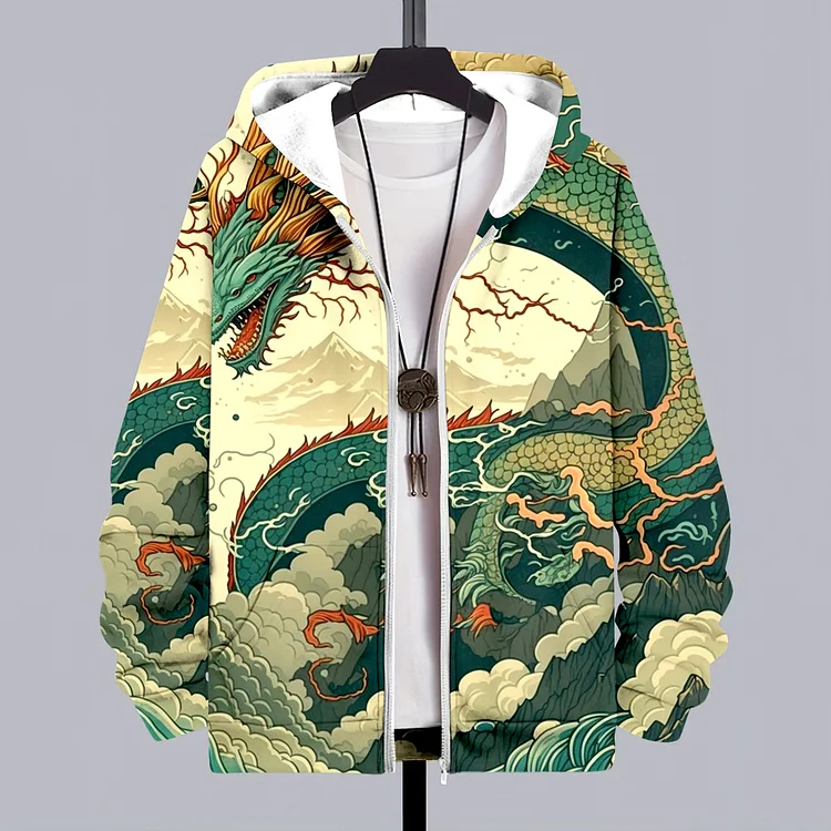 Japanese Art Dragon Print Casual Zip Hoodie