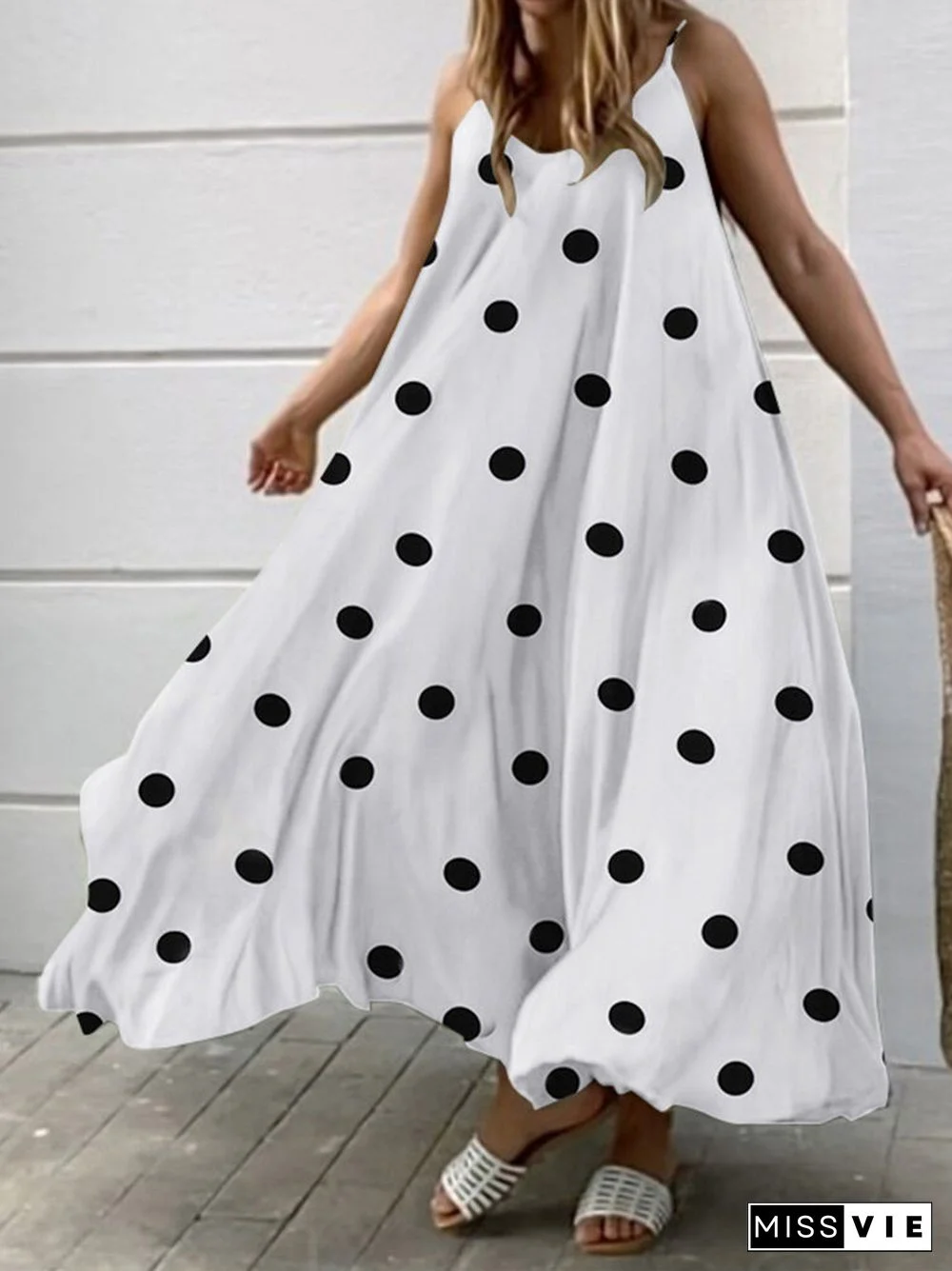 Polka Dot Adjustable Strap Sleeveless Backless Maxi Dress