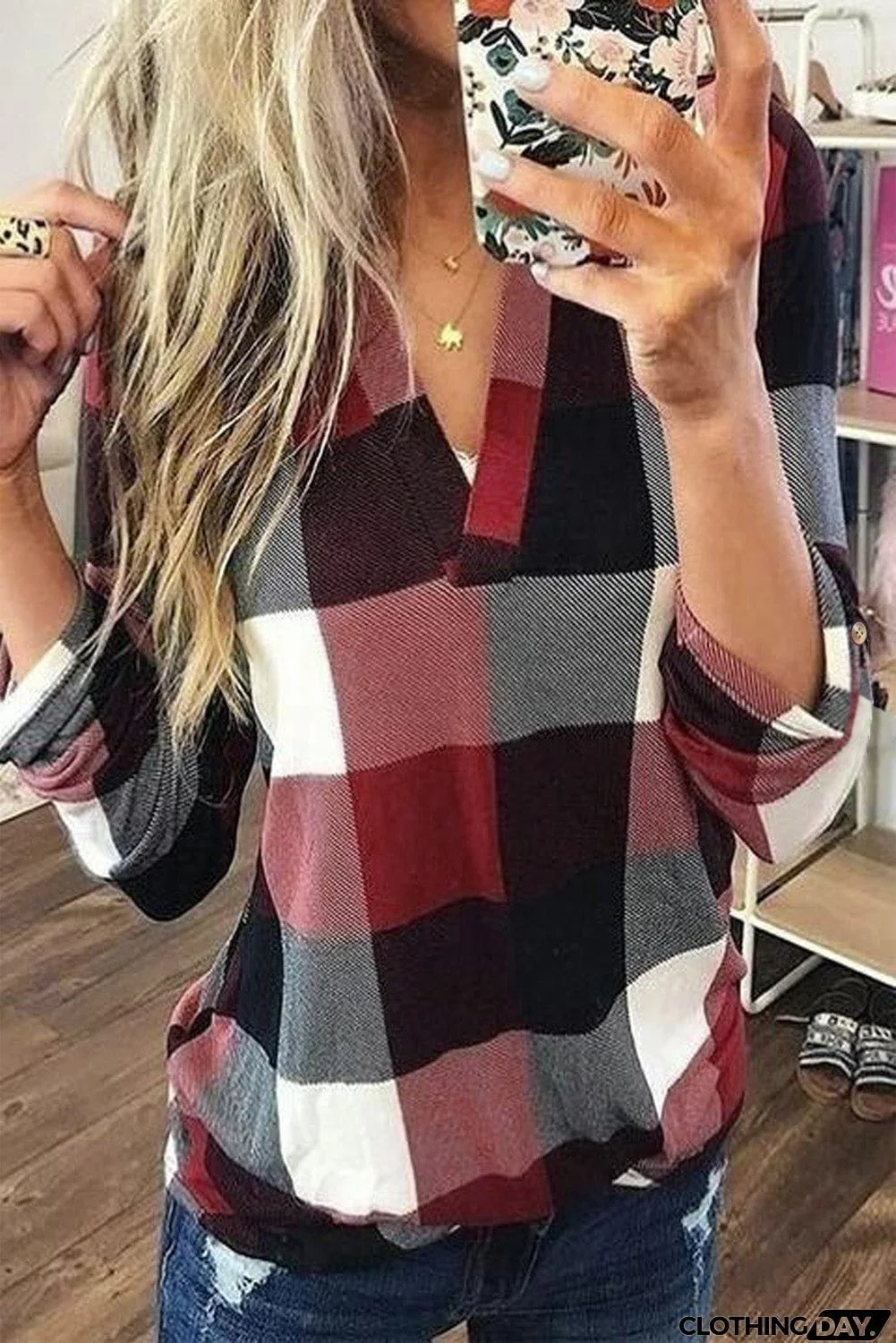 Contrast Plaid V Neck Long Sleeve Top