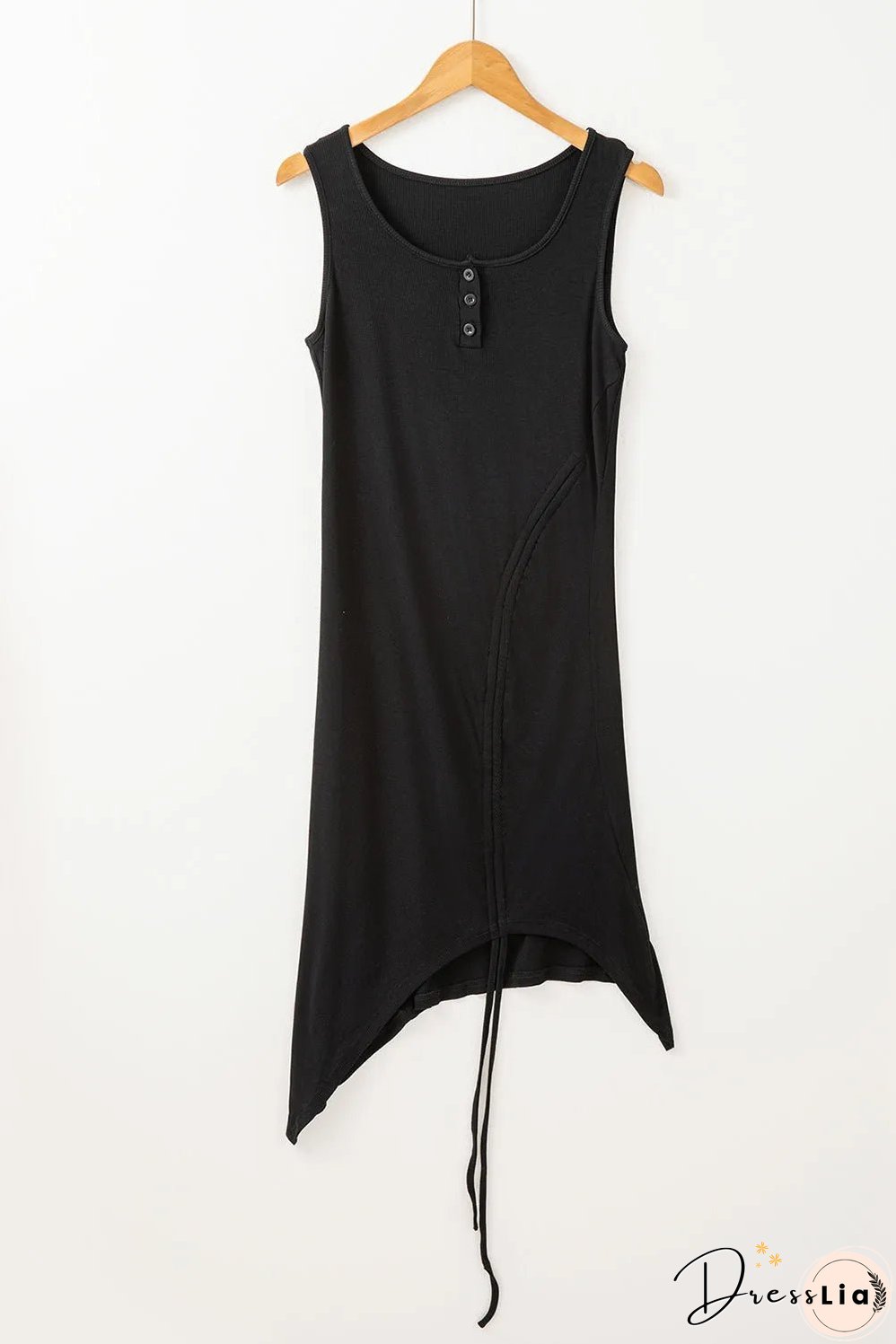 Black Drawstring Ruched Side Split Ribbed Midi Dress