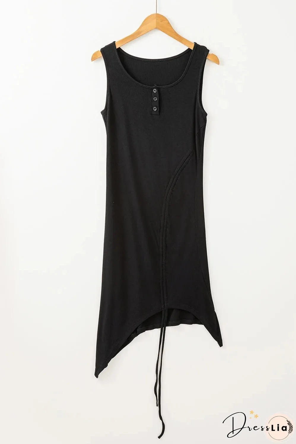Black Drawstring Ruched Side Split Ribbed Midi Dress