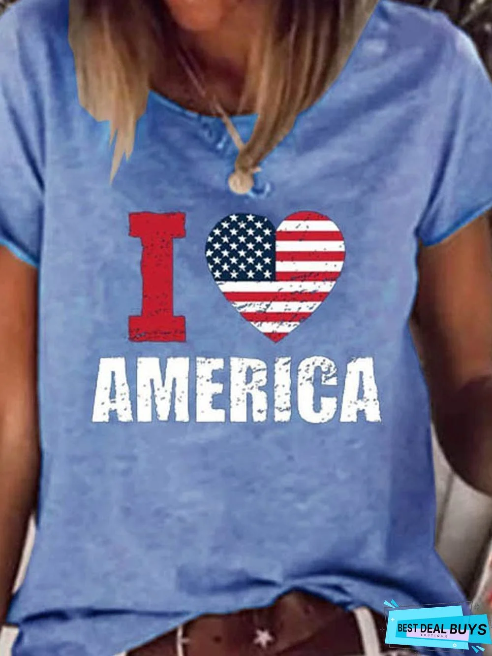 Letter Short Sleeve Printed  Cotton-blend  Crew Neck  Casual  Summer Blue Top