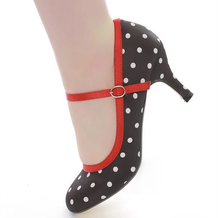 Black Polka Dot Mary Jane Chunky Heel Pumps Vdcoo