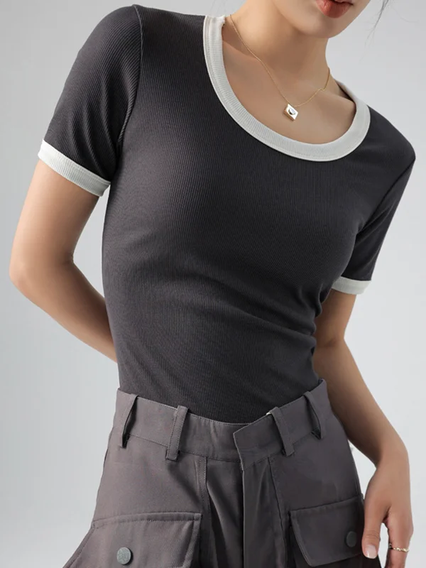 Short Sleeves Skinny Contrast Color Round-Neck T-Shirts
