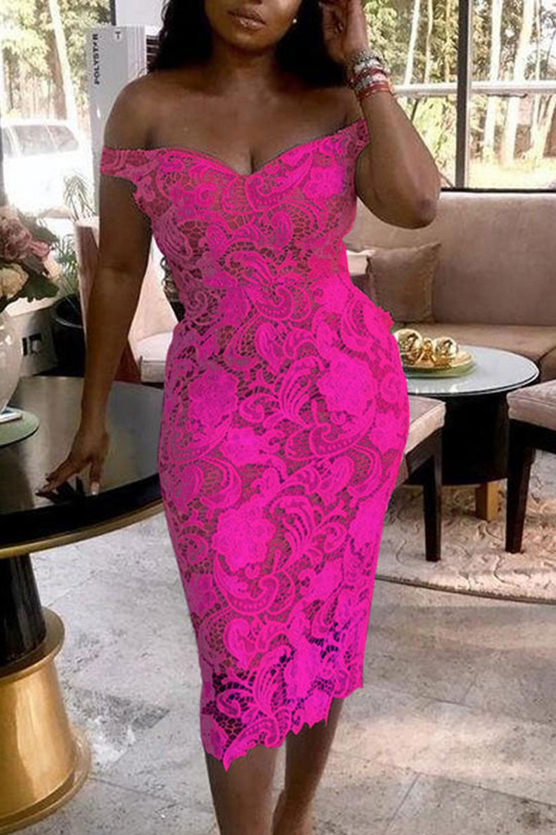 Plus Size Elegant Off The Shoulder Barbie Pink Lace Bodycon Midi Dresses [Pre-Order]