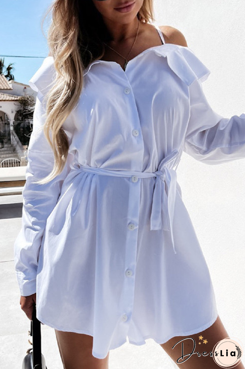 Fashion Street Solid Buckle With Belt Off The Shoulder Irregular Dress Dresses