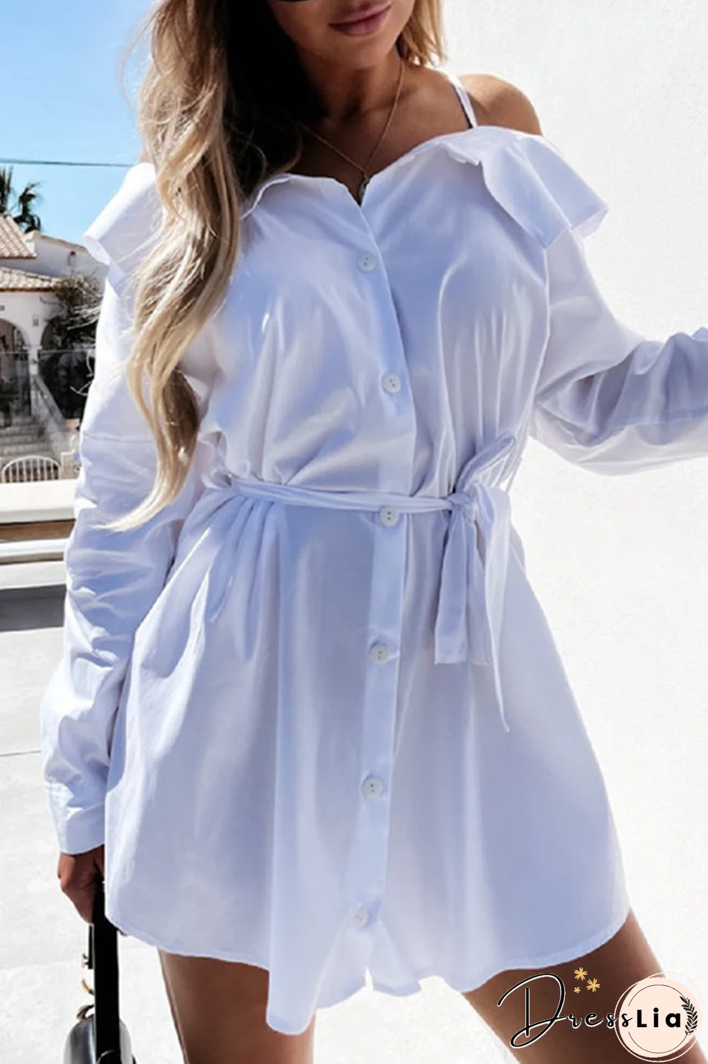 Fashion Street Solid Buckle With Belt Off The Shoulder Irregular Dress Dresses