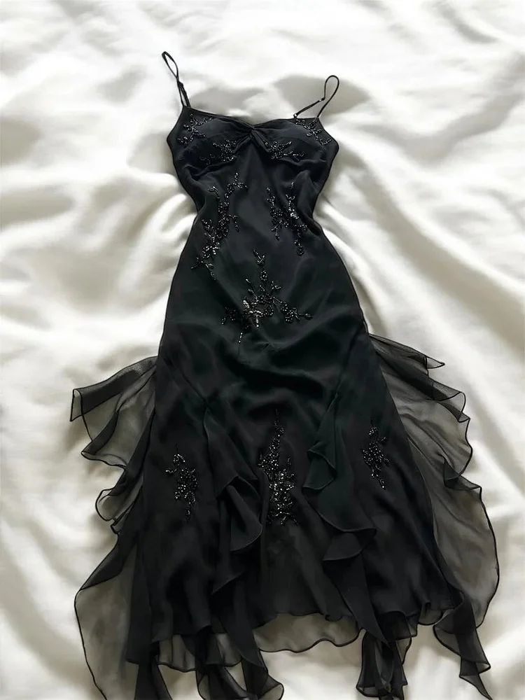 Black Exquisite Beaded Fairy Dress Elegant Long Prom Dress Retro Formal Graduation Dress Evening Dress