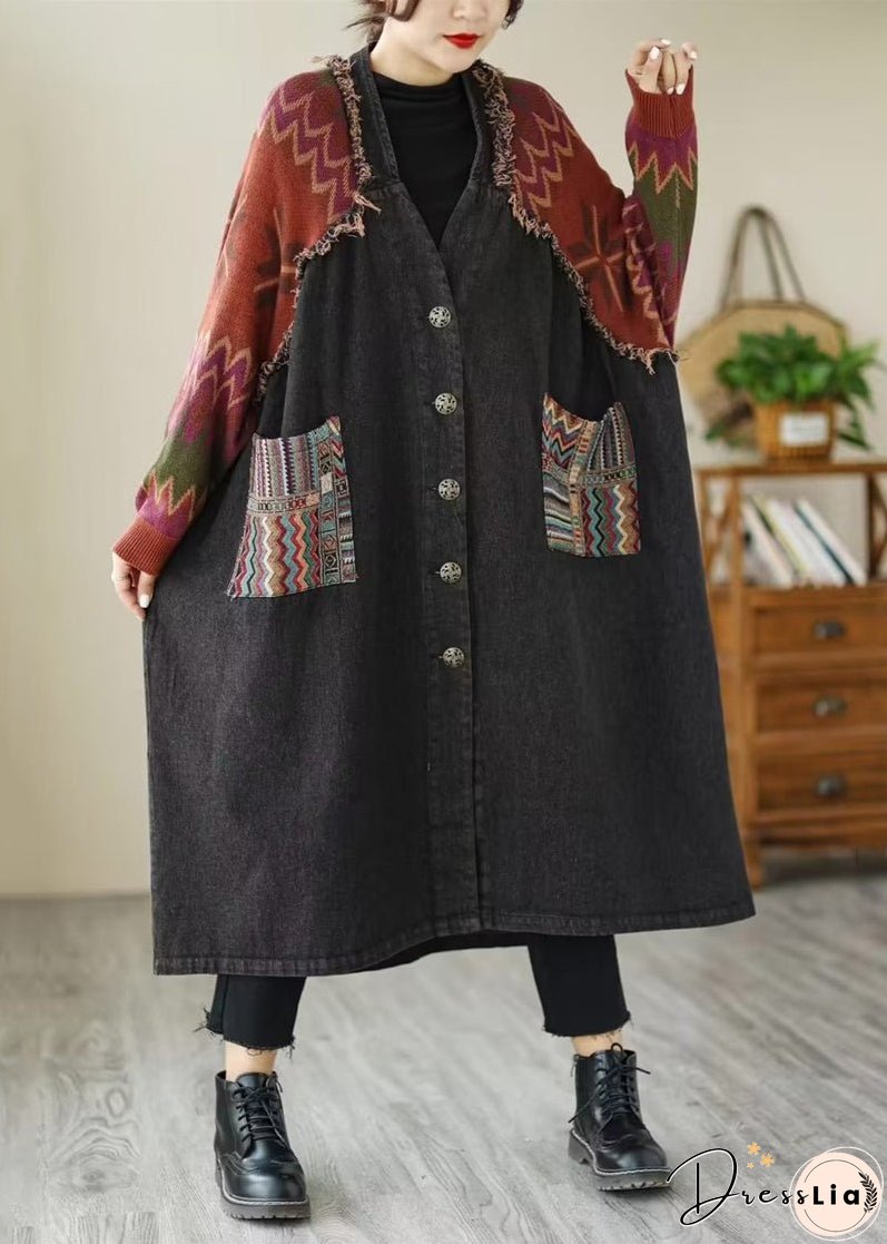Loose Black Button Knit Patchwork Denim Long Coats Long Sleeve