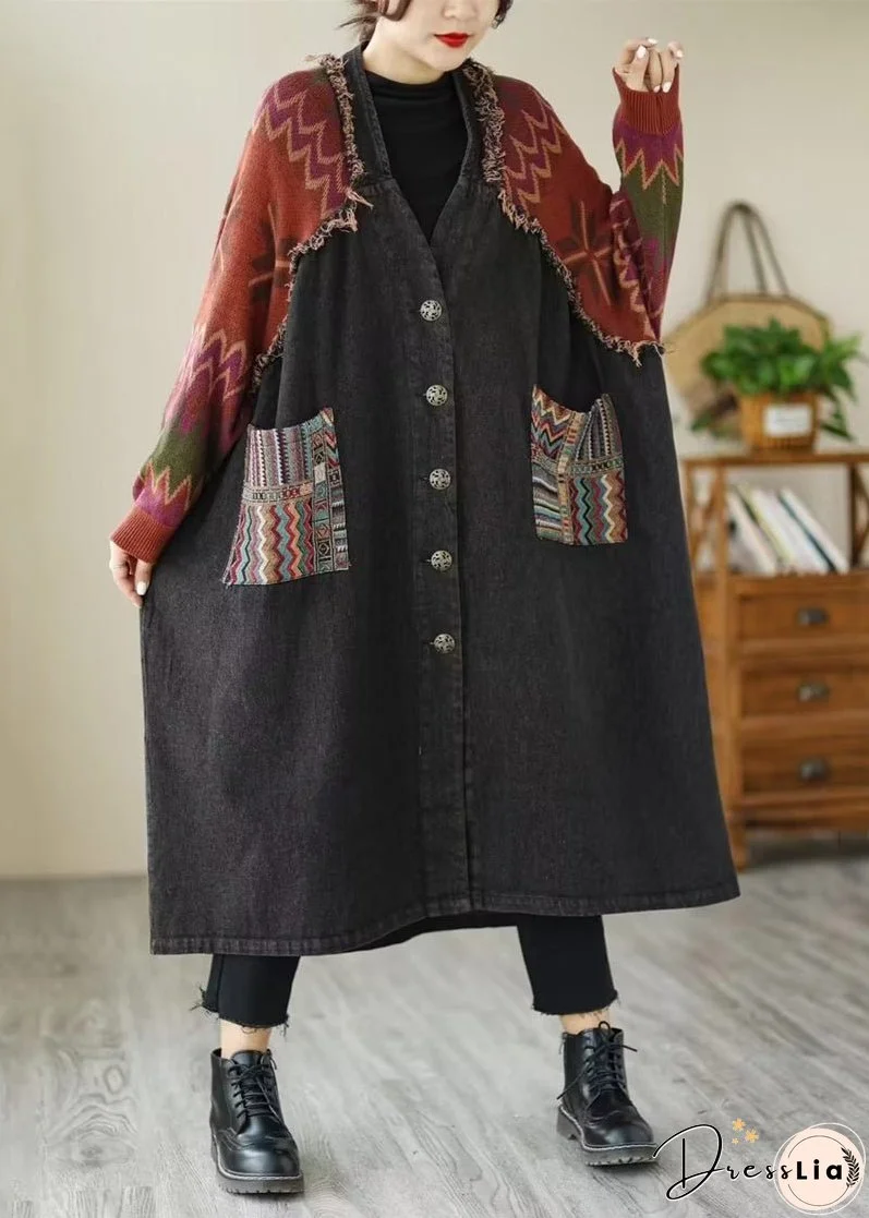 Loose Black Button Knit Patchwork Denim Long Coats Long Sleeve