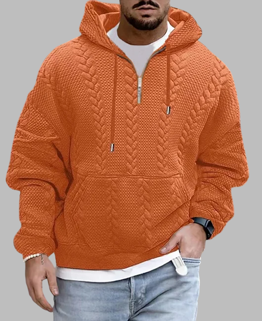 Casual Textured Pattern Pocket Half Placket Drawstring Hoodie