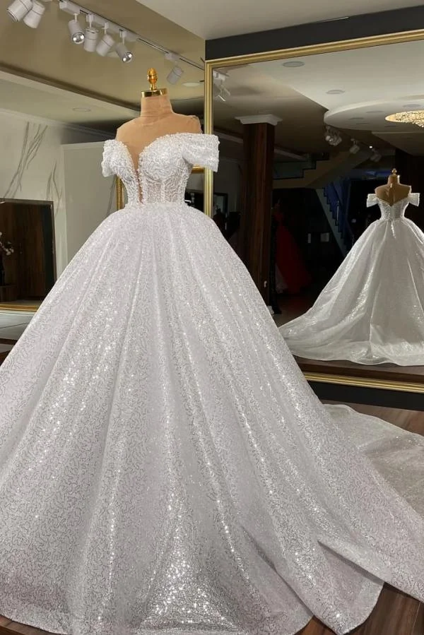 Stunning Off-the-shoulder Long Ball Gowns Wedding Dress With Sequins | Ballbellas Ballbellas