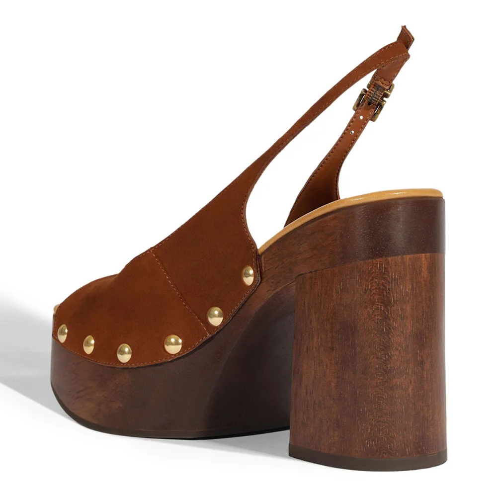 Brown Studded Block Heel Slingback Platform Sandals for Women