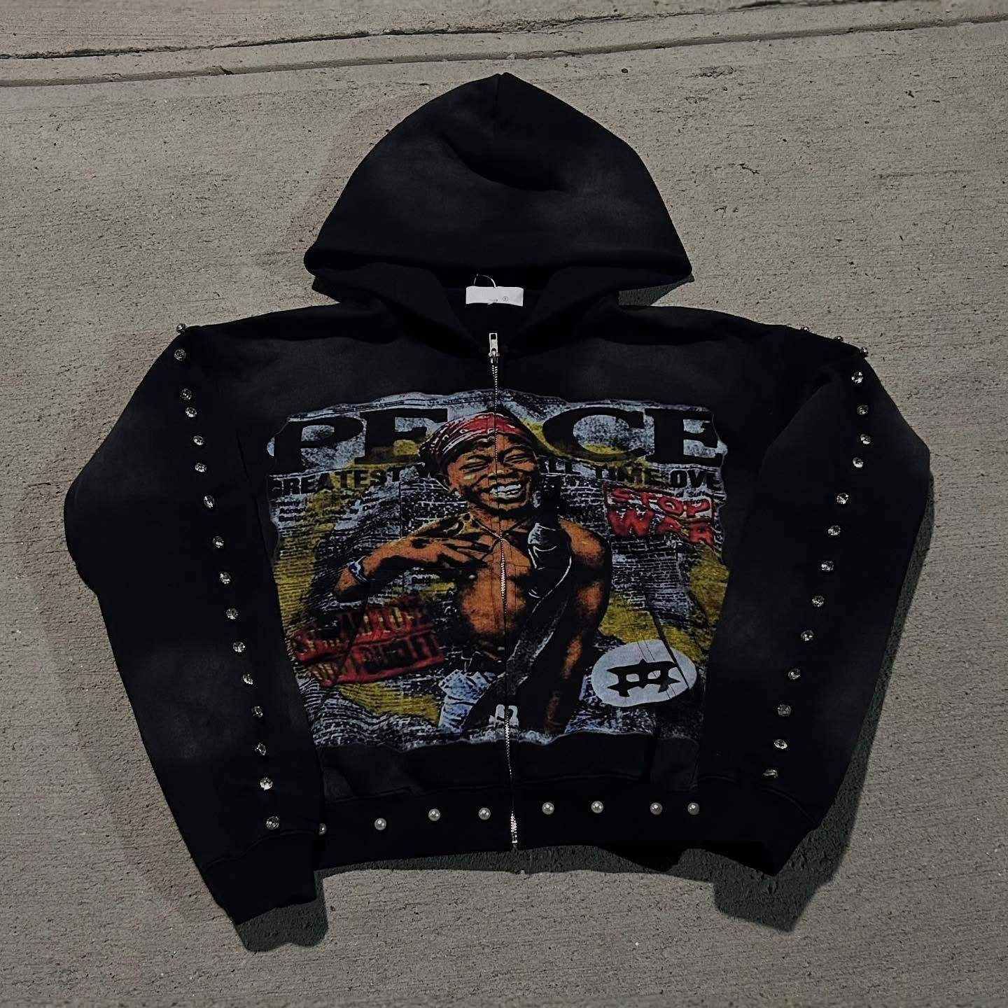 Personalized Peace Graffiti Rivets Pattern Warm Zip-up Hoodie