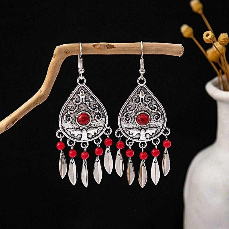 Bohemian Blue Turquoise National Style Earrings Imitation Miao Silver Metal Earrings Vintage Tassel Earrings