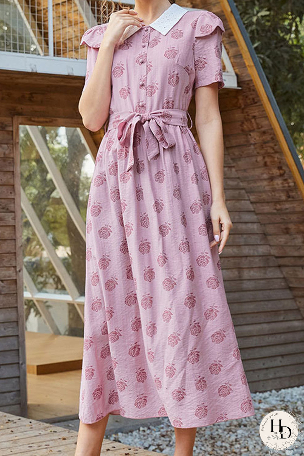 Elegant Floral Buckle With Belt Turndown Collar A Line Dresses