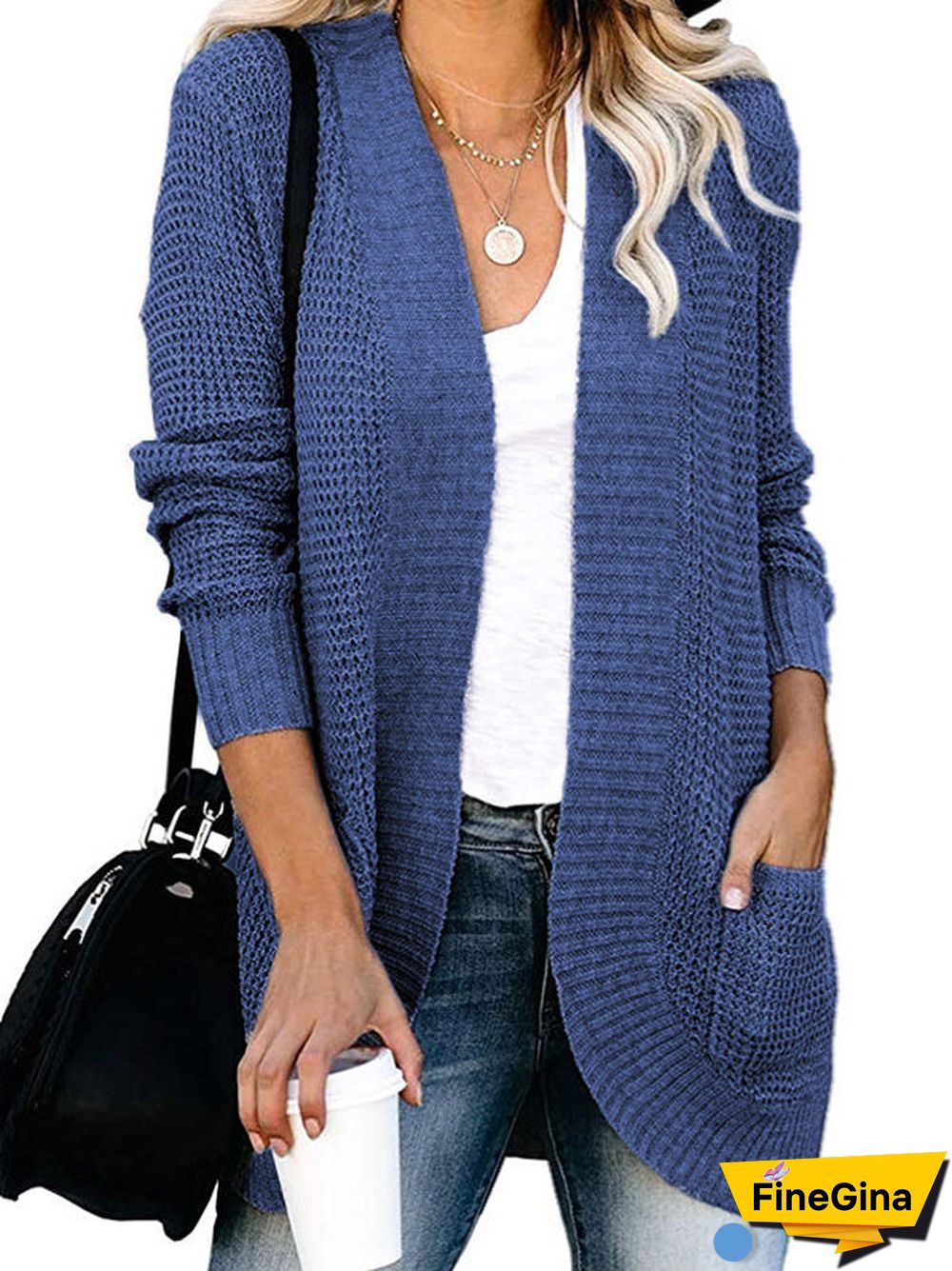 Women's Waffle Solid Color Stitching V-neck Long Sleeve Coat