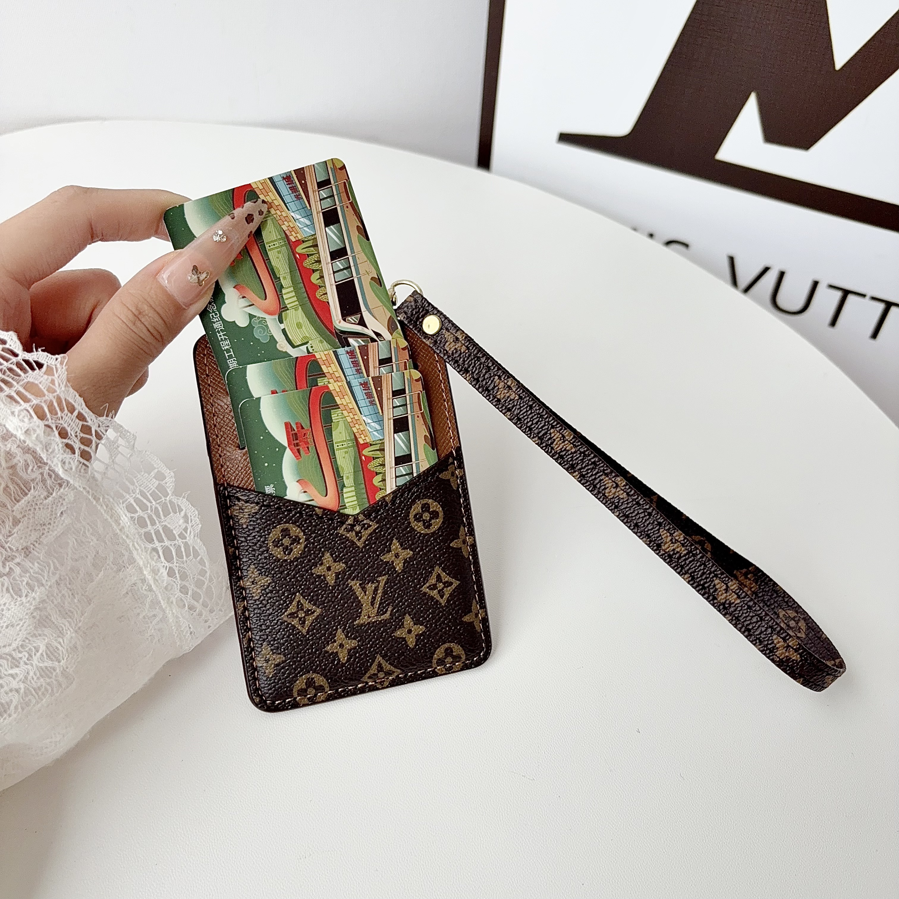 Chic LV Monogram Wristlet ID Badge Cardholder Wallet with Floral Charm