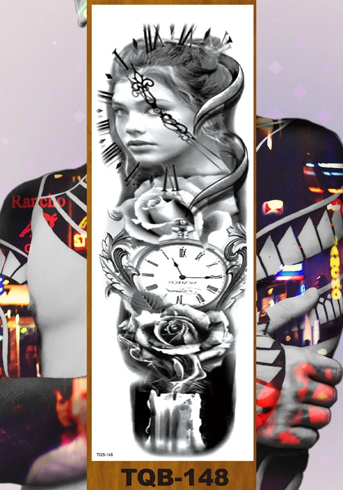 Full Flower Arm Temporary Tattoos Stickers Man Woman Girl Body Fake Tatoo Mechanical Robotic Photorealistic Steampunk Astronaut