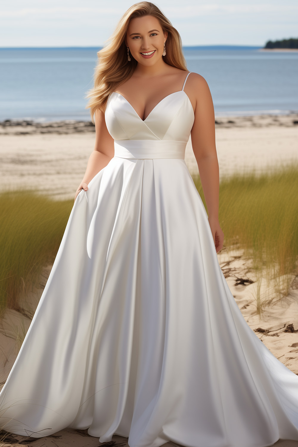 Flycurvy Plus Size Formal White Satin Wrap Tunic Cami Maxi Dress